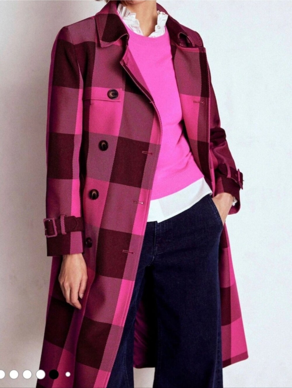 Boden Cheltenham Pink and Burgundy Plaid Trench Coat - Size 14R - Picture 4 of 16